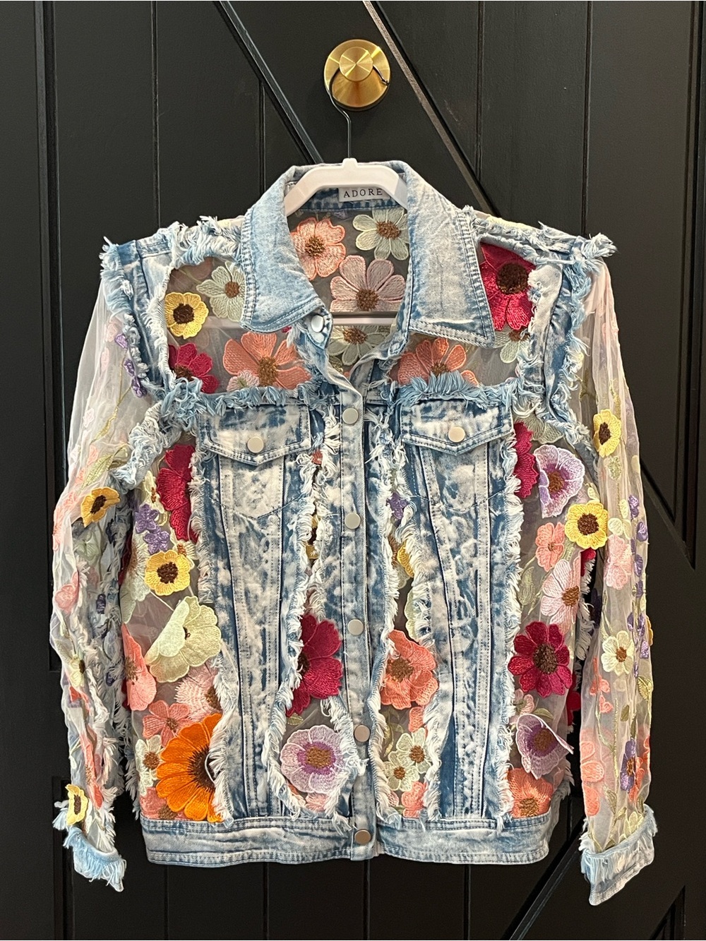 Adore Boho Acid-Wash Denim Jacket with Multicolor Floral Embroidery